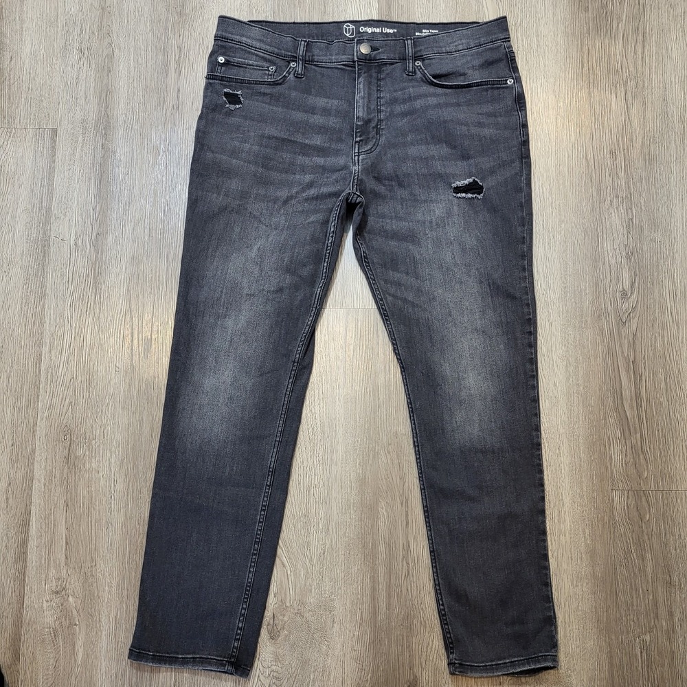 Original Use Men's Black Distressed Denim Jeans Slim Taper 38Wx32L